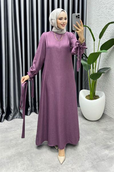 Manşeti Bağlamalı Sofia Keten Elbise 2010 Koyu Lila
