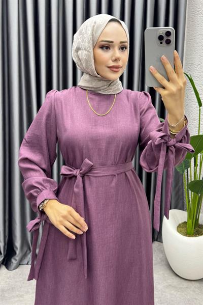 Manşeti Bağlamalı Sofia Keten Elbise 2010 Koyu Lila