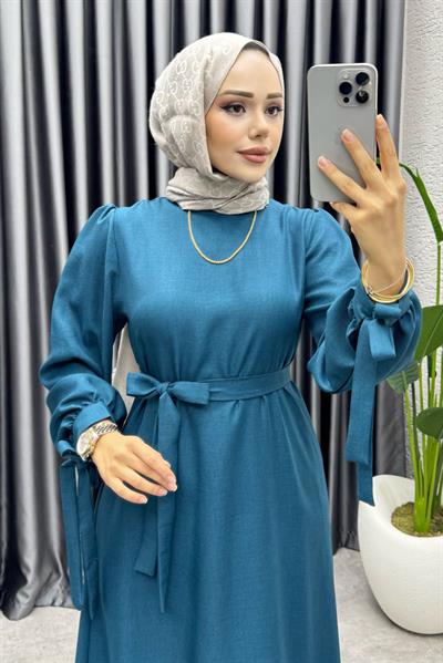 Manşeti Bağlamalı Sofia Keten Elbise 2010 Petrol