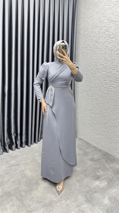 Meç Taşlı Zincir Detay Elbise 8002 Gri