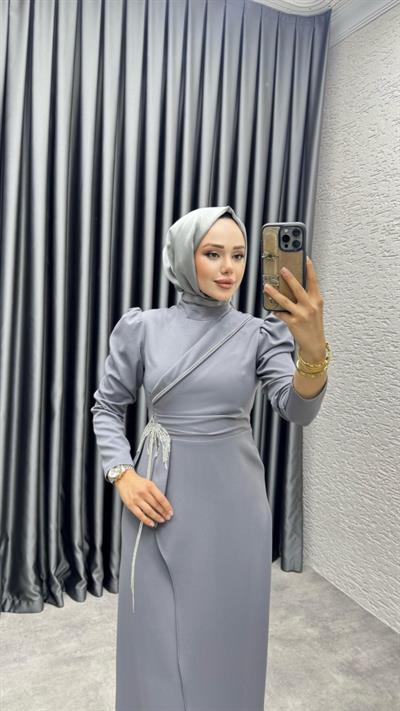 Meç Taşlı Zincir Detay Elbise 8002 Gri