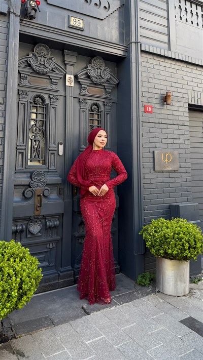 Mihre Taşlı Balık Abiye 8086 Bordo
