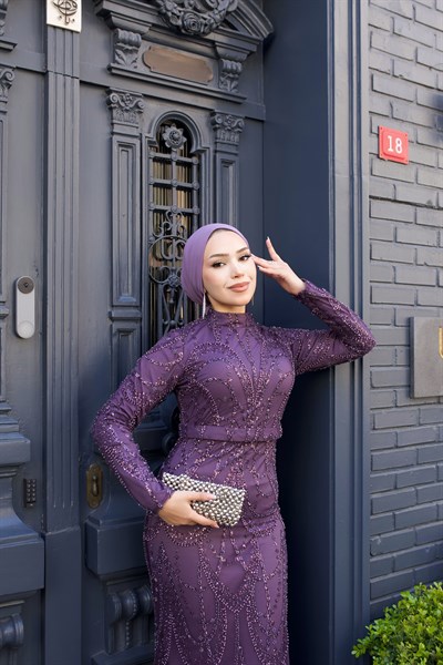 Mihre Taşlı Balık Abiye 8086 Mor