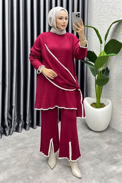 Nil Şal Detay Triko Takım 1206 Bordo