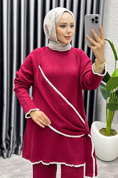 Nil Şal Detay Triko Takım 1206 Bordo