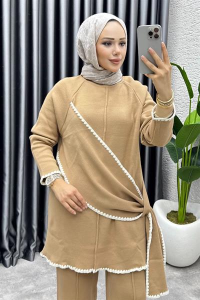 Nil Şal Detay Triko Takım 1206 Latte