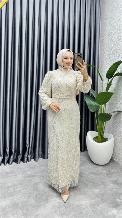 Nora Taşlı Kalem Abiye 8014 Krem