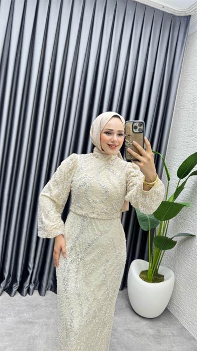 Nora Taşlı Kalem Abiye 8014 Krem