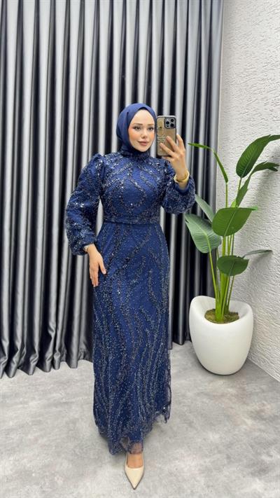 Nora Taşlı Kalem Abiye 8014 Lacivert