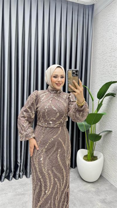 Nora Taşlı Kalem Abiye 8014 Pudra Vizon