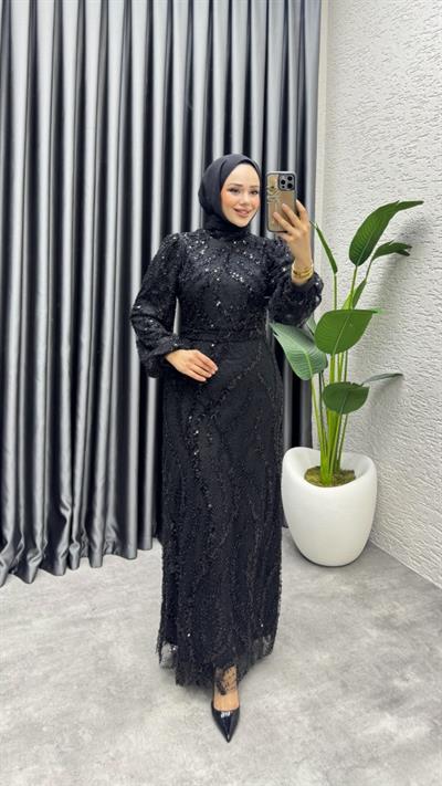 Nora Taşlı Kalem Abiye 8014 Siyah