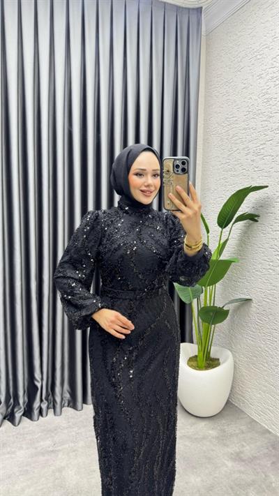 Nora Taşlı Kalem Abiye 8014 Siyah