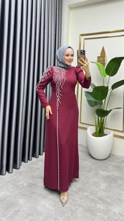 Omuzu Taşlı Krep Abiye 8001 Bordo