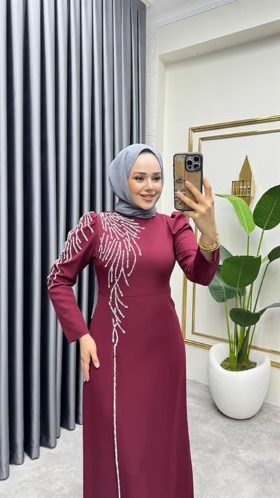 Omuzu Taşlı Krep Abiye 8001 Bordo