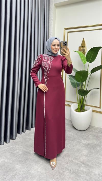 Omuzu Taşlı Krep Abiye 8001 Bordo