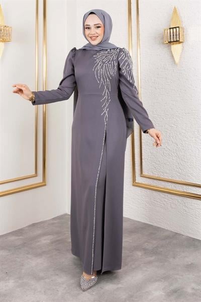 Omuzu Taşlı Krep Abiye 8001 Gri