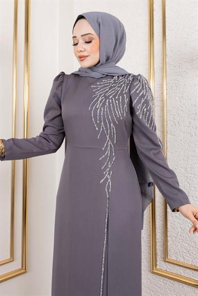 Omuzu Taşlı Krep Abiye 8001 Gri