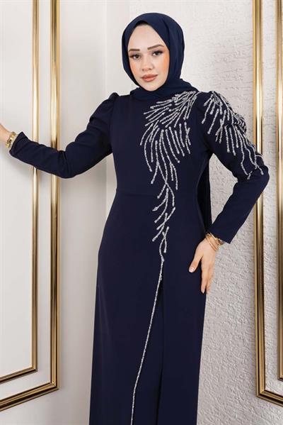 Omuzu Taşlı Krep Abiye 8001 Lacivert