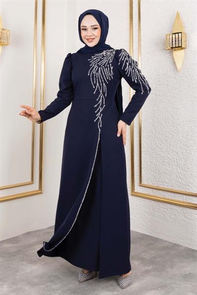 Omuzu Taşlı Krep Abiye 8001 Lacivert