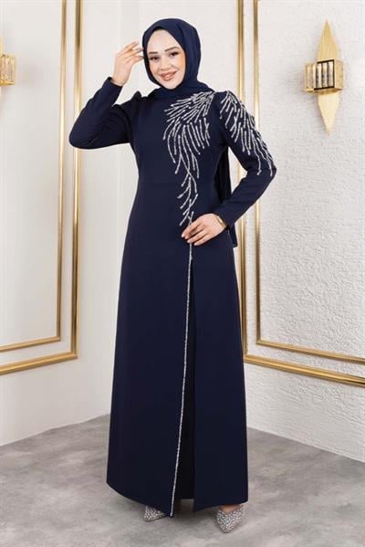 Omuzu Taşlı Krep Abiye 8001 Lacivert