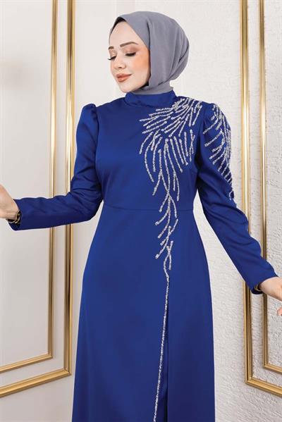 Omuzu Taşlı Krep Abiye 8001 Saks