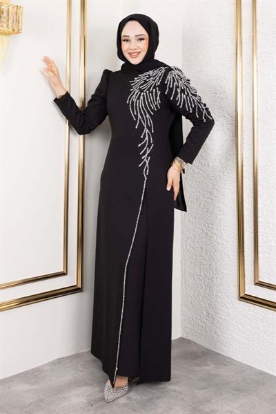 Omuzu Taşlı Krep Abiye 8001 Siyah