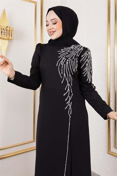 Omuzu Taşlı Krep Abiye 8001 Siyah