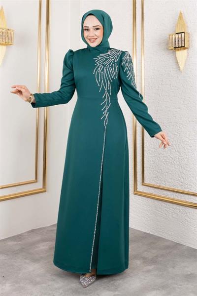Omuzu Taşlı Krep Abiye 8001 Zümrüt
