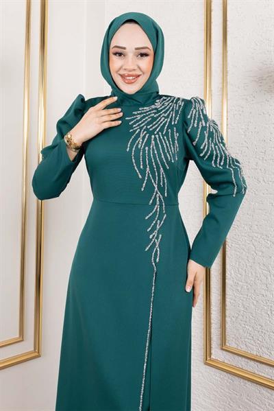 Omuzu Taşlı Krep Abiye 8001 Zümrüt