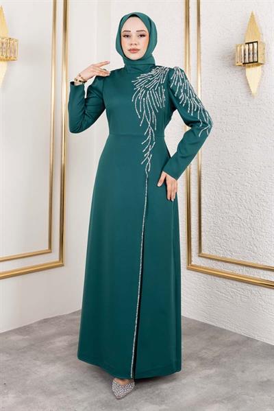Omuzu Taşlı Krep Abiye 8001 Zümrüt