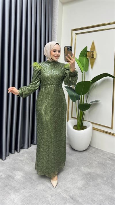 Omuzu Tüy Detaylı Taşlı Abiye 8011 Haki