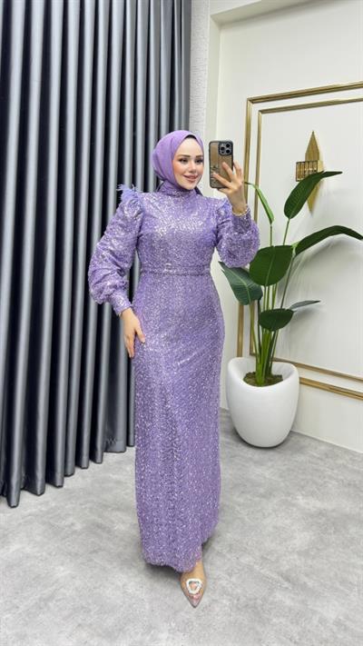 Omuzu Tüy Detaylı Taşlı Abiye 8011 Lila