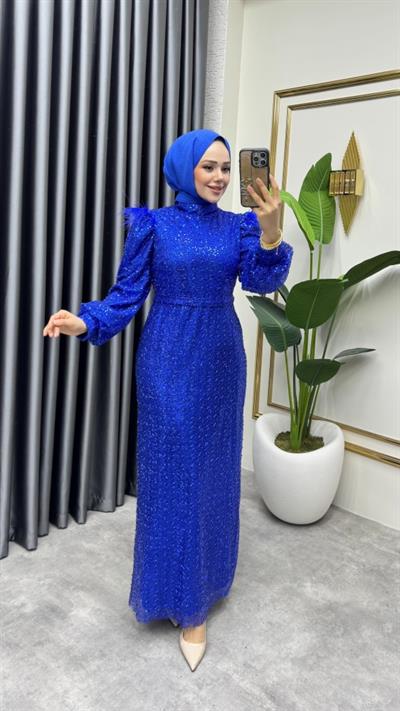 Omuzu Tüy Detaylı Taşlı Abiye 8011 Saks