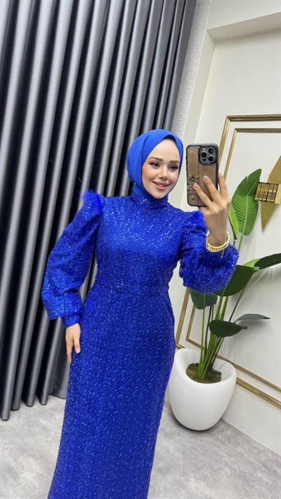 Omuzu Tüy Detaylı Taşlı Abiye 8011 Saks