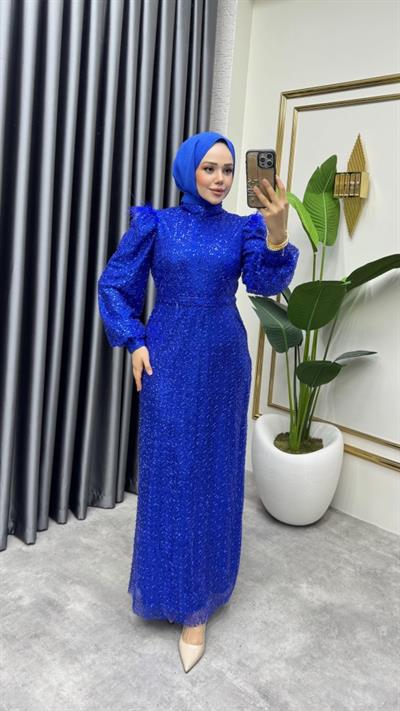Omuzu Tüy Detaylı Taşlı Abiye 8011 Saks