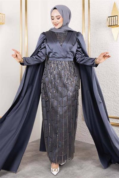 Önü Drape Detalı Saten Abiye 8016 Gri