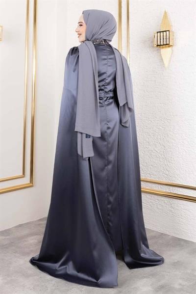 Önü Drape Detalı Saten Abiye 8016 Gri