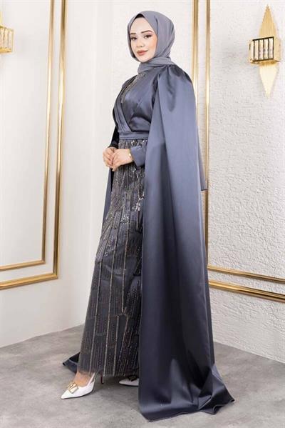 Önü Drape Detalı Saten Abiye 8016 Gri