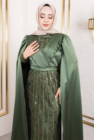 Önü Drape Detalı Saten Abiye 8016 Haki