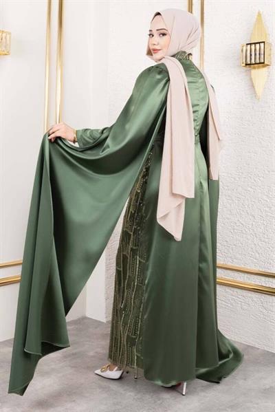 Önü Drape Detalı Saten Abiye 8016 Haki