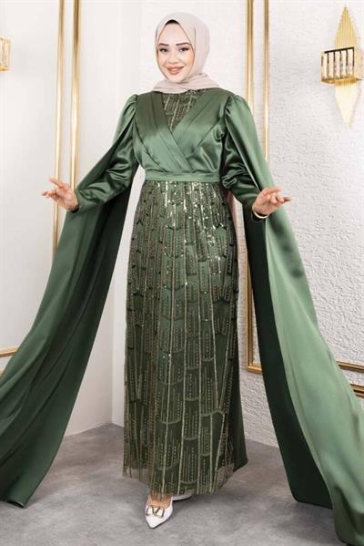Önü Drape Detalı Saten Abiye 8016 Haki