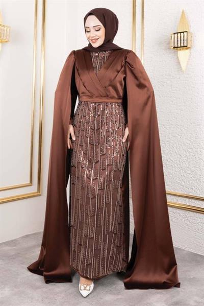 Önü Drape Detalı Saten Abiye 8016 Kahverengi
