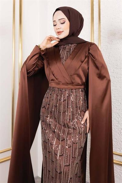 Önü Drape Detalı Saten Abiye 8016 Kahverengi