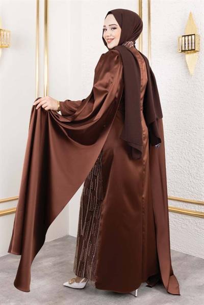 Önü Drape Detalı Saten Abiye 8016 Kahverengi