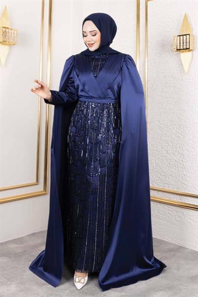 Önü Drape Detalı Saten Abiye 8016 Lacivert