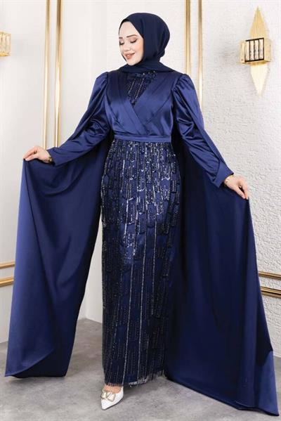 Önü Drape Detalı Saten Abiye 8016 Lacivert