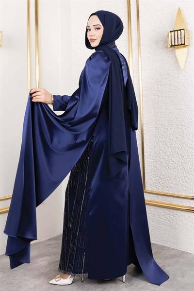 Önü Drape Detalı Saten Abiye 8016 Lacivert