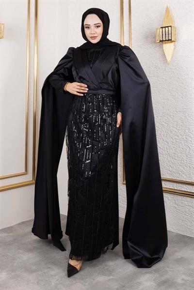Önü Drape Detalı Saten Abiye 8016 Siyah
