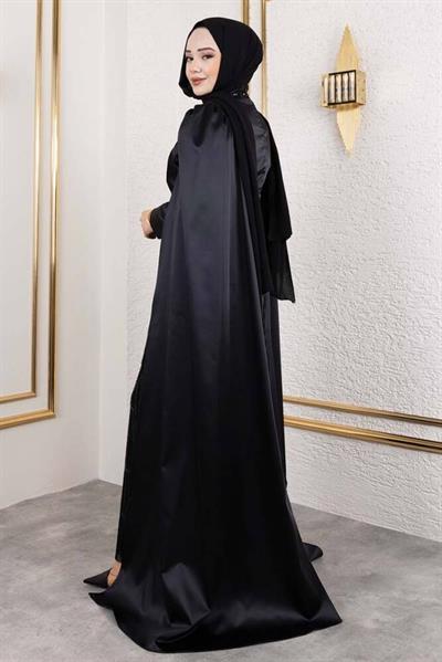 Önü Drape Detalı Saten Abiye 8016 Siyah