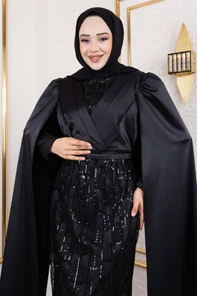 Önü Drape Detalı Saten Abiye 8016 Siyah